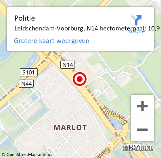 Locatie op kaart van de 112 melding: Politie Leidschendam-Voorburg, N14 hectometerpaal: 10,9 op 2 oktober 2023 21:57