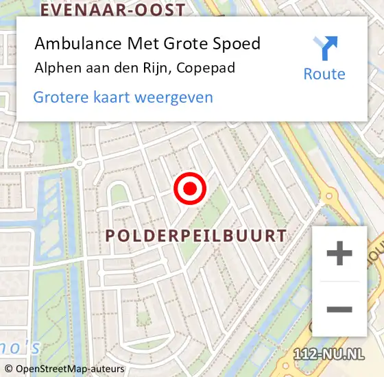 Locatie op kaart van de 112 melding: Ambulance Met Grote Spoed Naar Alphen aan den Rijn, Copepad op 2 oktober 2023 22:12