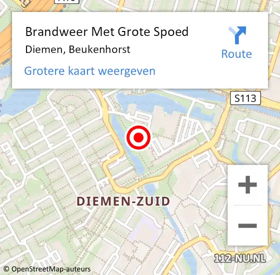 Locatie op kaart van de 112 melding: Brandweer Met Grote Spoed Naar Diemen, Beukenhorst op 3 oktober 2023 02:54