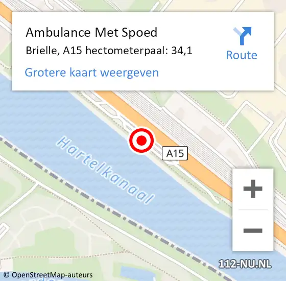 Locatie op kaart van de 112 melding: Ambulance Met Spoed Naar Brielle, A15 hectometerpaal: 34,1 op 3 oktober 2023 06:39