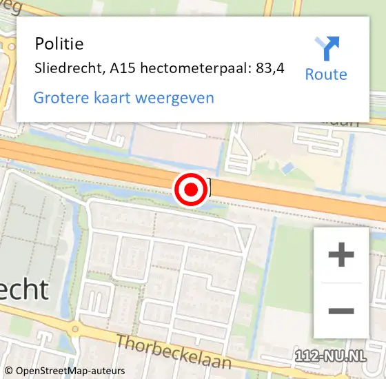 Locatie op kaart van de 112 melding: Politie Sliedrecht, A15 hectometerpaal: 83,4 op 3 oktober 2023 08:28