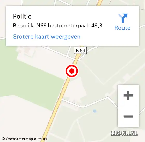 Locatie op kaart van de 112 melding: Politie Bergeijk, N69 hectometerpaal: 49,3 op 3 oktober 2023 08:29