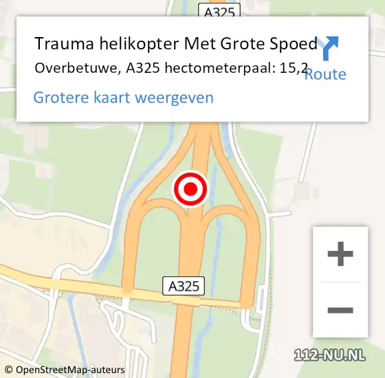 Locatie op kaart van de 112 melding: Trauma helikopter Met Grote Spoed Naar Overbetuwe, A325 hectometerpaal: 15,2 op 3 oktober 2023 10:29