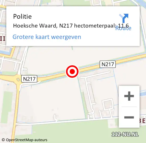 Locatie op kaart van de 112 melding: Politie Hoeksche Waard, N217 hectometerpaal: 11,6 op 3 oktober 2023 10:32