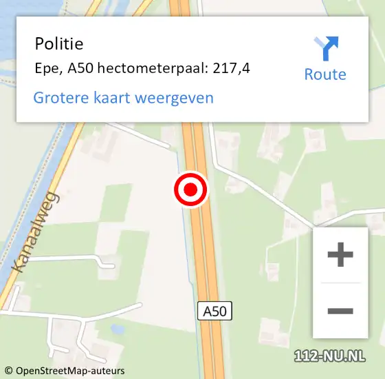 Locatie op kaart van de 112 melding: Politie Epe, A50 hectometerpaal: 217,4 op 3 oktober 2023 13:13