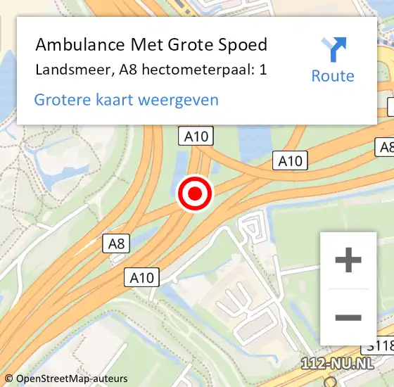 Locatie op kaart van de 112 melding: Ambulance Met Grote Spoed Naar Landsmeer, A8 hectometerpaal: 1 op 3 oktober 2023 14:04