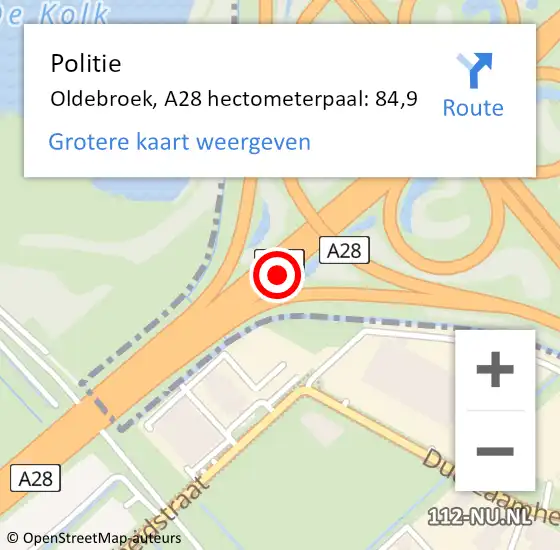 Locatie op kaart van de 112 melding: Politie Oldebroek, A28 hectometerpaal: 84,9 op 3 oktober 2023 14:30