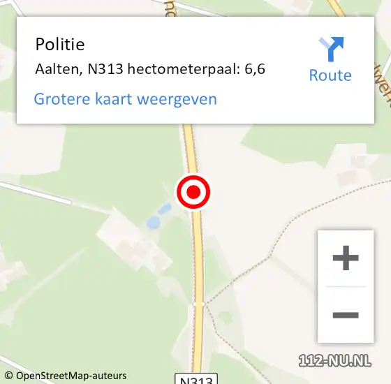 Locatie op kaart van de 112 melding: Politie Aalten, N313 hectometerpaal: 6,6 op 3 oktober 2023 14:48