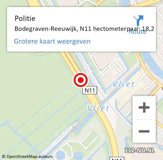 Locatie op kaart van de 112 melding: Politie Bodegraven-Reeuwijk, N11 hectometerpaal: 18,2 op 3 oktober 2023 15:42