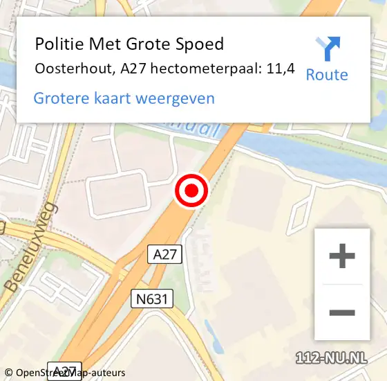 Locatie op kaart van de 112 melding: Politie Met Grote Spoed Naar Oosterhout, A27 hectometerpaal: 11,4 op 3 oktober 2023 15:48