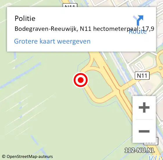 Locatie op kaart van de 112 melding: Politie Bodegraven-Reeuwijk, N11 hectometerpaal: 17,9 op 3 oktober 2023 15:52