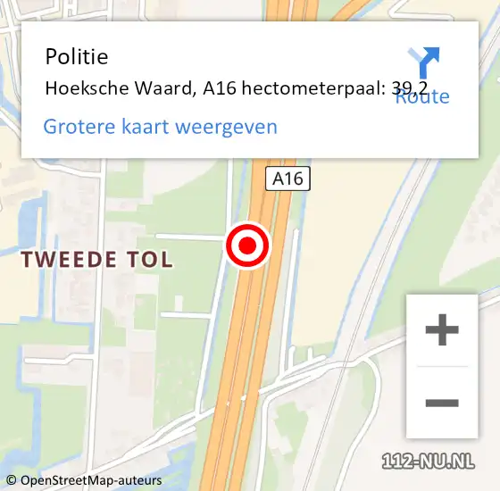 Locatie op kaart van de 112 melding: Politie Hoeksche Waard, A16 hectometerpaal: 39,2 op 3 oktober 2023 17:11