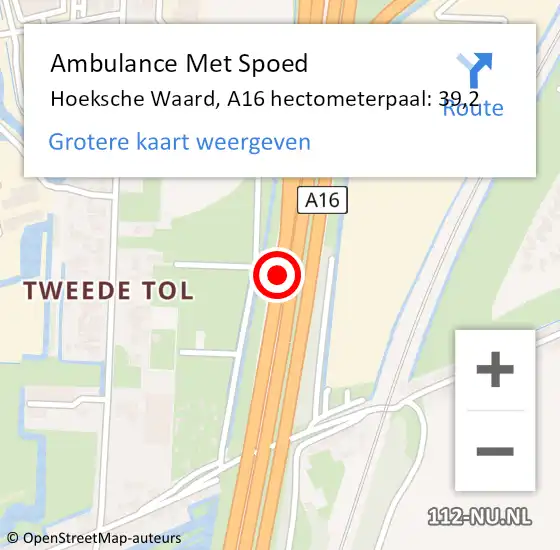 Locatie op kaart van de 112 melding: Ambulance Met Spoed Naar Hoeksche Waard, A16 hectometerpaal: 39,2 op 3 oktober 2023 17:13