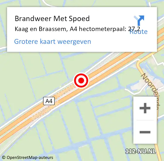 Locatie op kaart van de 112 melding: Brandweer Met Spoed Naar Kaag en Braassem, A4 hectometerpaal: 27,2 op 3 oktober 2023 18:15