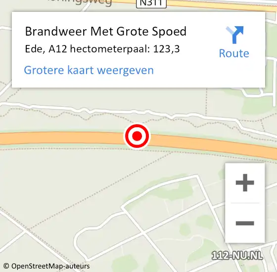 Locatie op kaart van de 112 melding: Brandweer Met Grote Spoed Naar Ede, A12 hectometerpaal: 123,3 op 3 oktober 2023 18:57