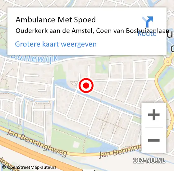 Locatie op kaart van de 112 melding: Ambulance Met Spoed Naar Ouderkerk aan de Amstel, Coen van Boshuizenlaan op 3 oktober 2023 21:17