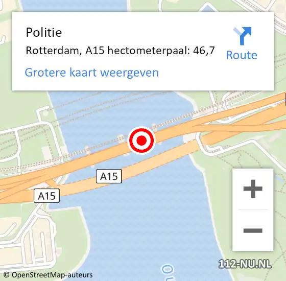 Locatie op kaart van de 112 melding: Politie Rotterdam, A15 hectometerpaal: 46,7 op 4 oktober 2023 06:16