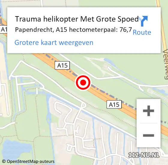 Locatie op kaart van de 112 melding: Trauma helikopter Met Grote Spoed Naar Papendrecht, A15 hectometerpaal: 76,7 op 4 oktober 2023 07:20