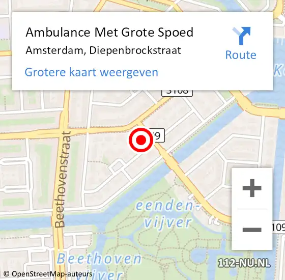 Locatie op kaart van de 112 melding: Ambulance Met Grote Spoed Naar Amsterdam, Diepenbrockstraat op 4 oktober 2023 11:50
