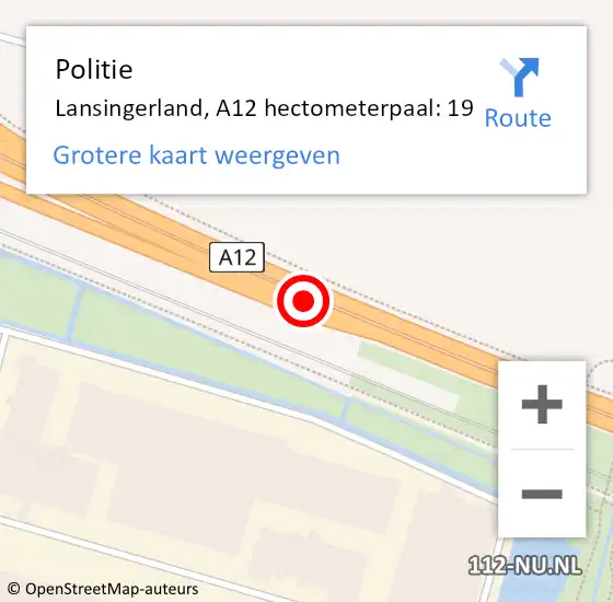 Locatie op kaart van de 112 melding: Politie Lansingerland, A12 hectometerpaal: 19 op 4 oktober 2023 13:06