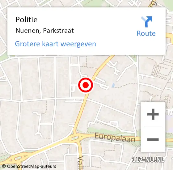 Locatie op kaart van de 112 melding: Politie Nuenen, Parkstraat op 4 oktober 2023 15:11