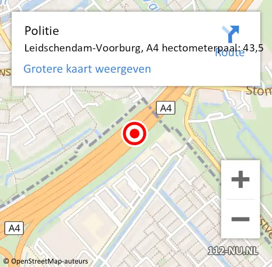 Locatie op kaart van de 112 melding: Politie Leidschendam-Voorburg, A4 hectometerpaal: 43,5 op 4 oktober 2023 15:34