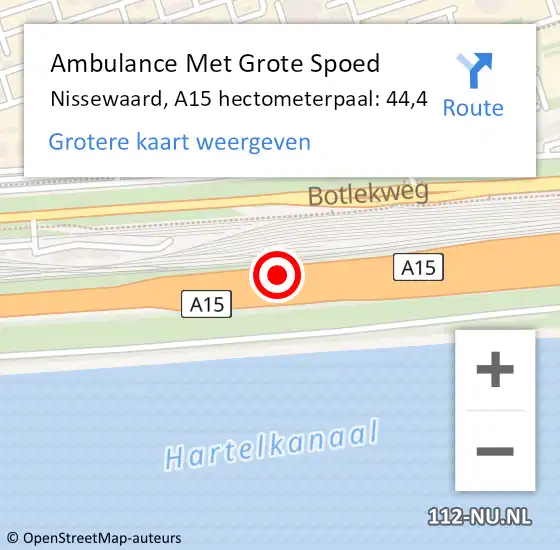 Locatie op kaart van de 112 melding: Ambulance Met Grote Spoed Naar Nissewaard, A15 hectometerpaal: 44,4 op 4 oktober 2023 16:05