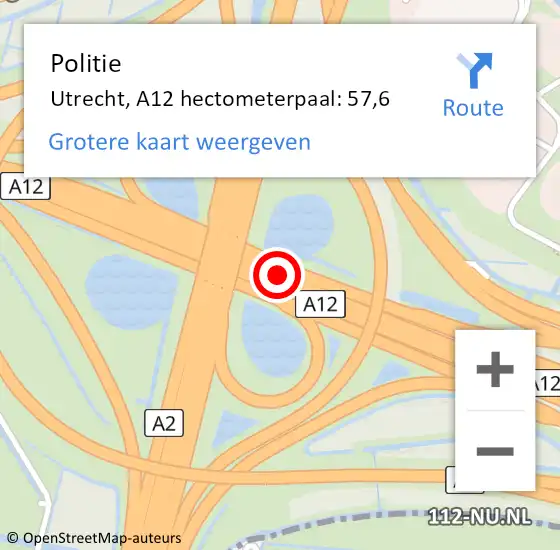 Locatie op kaart van de 112 melding: Politie Utrecht, A12 hectometerpaal: 57,6 op 4 oktober 2023 16:41