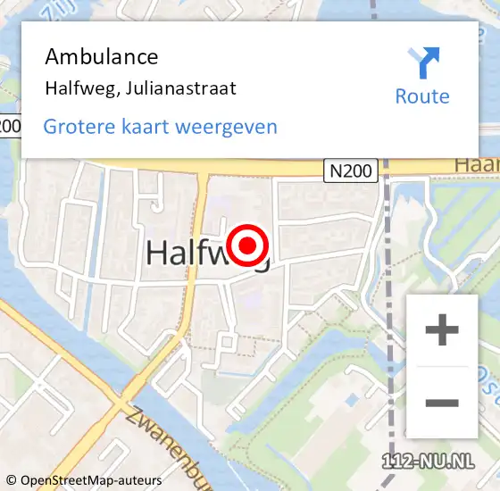 Locatie op kaart van de 112 melding: Ambulance Halfweg, Julianastraat op 4 oktober 2023 16:48