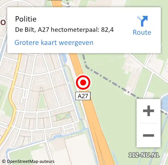 Locatie op kaart van de 112 melding: Politie De Bilt, A27 hectometerpaal: 82,4 op 4 oktober 2023 17:04