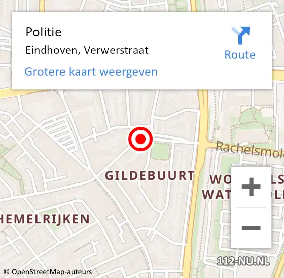 Locatie op kaart van de 112 melding: Politie Eindhoven, Verwerstraat op 4 oktober 2023 21:14