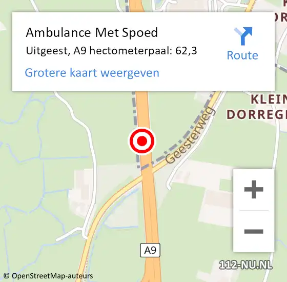 Locatie op kaart van de 112 melding: Ambulance Met Spoed Naar Uitgeest, A9 hectometerpaal: 62,3 op 4 oktober 2023 23:35