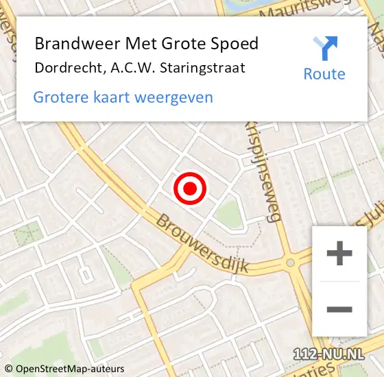 Locatie op kaart van de 112 melding: Brandweer Met Grote Spoed Naar Dordrecht, A.C.W. Staringstraat op 5 oktober 2023 02:15