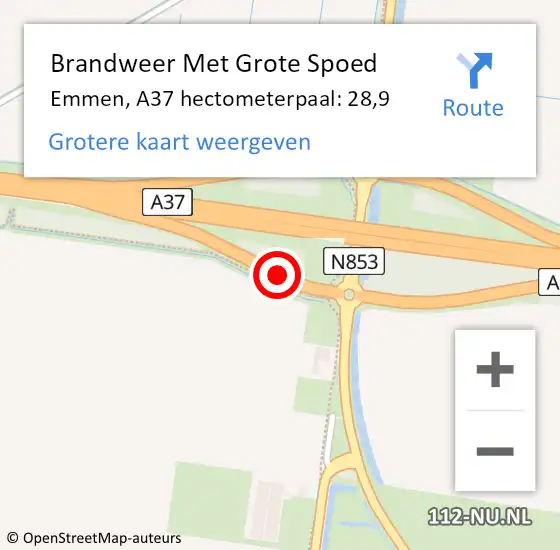 Locatie op kaart van de 112 melding: Brandweer Met Grote Spoed Naar Emmen, A37 hectometerpaal: 28,9 op 5 oktober 2023 06:32