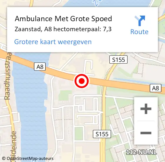 Locatie op kaart van de 112 melding: Ambulance Met Grote Spoed Naar Zaanstad, A8 hectometerpaal: 7,3 op 5 oktober 2023 07:00