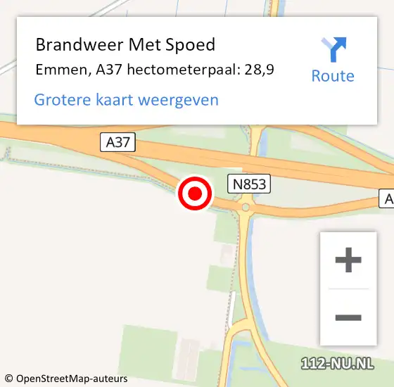 Locatie op kaart van de 112 melding: Brandweer Met Spoed Naar Emmen, A37 hectometerpaal: 28,9 op 5 oktober 2023 07:24