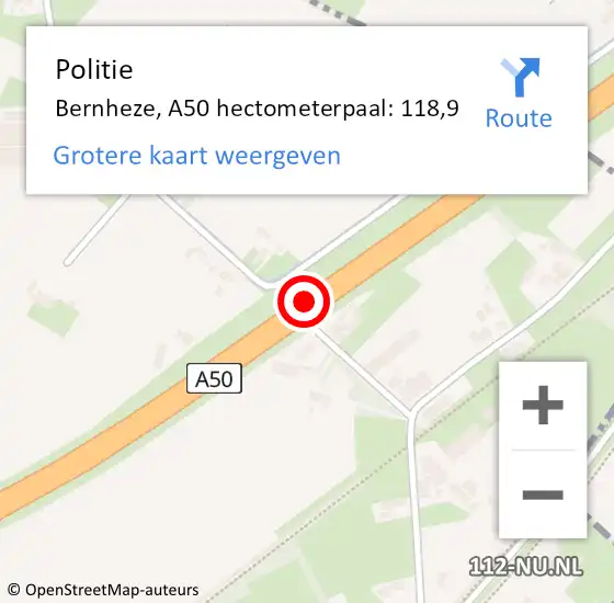 Locatie op kaart van de 112 melding: Politie Bernheze, A50 hectometerpaal: 118,9 op 5 oktober 2023 07:24