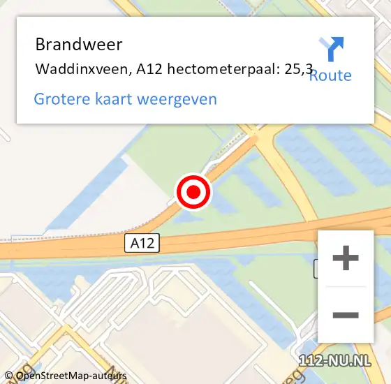 Locatie op kaart van de 112 melding: Brandweer Waddinxveen, A12 hectometerpaal: 25,3 op 5 oktober 2023 07:32