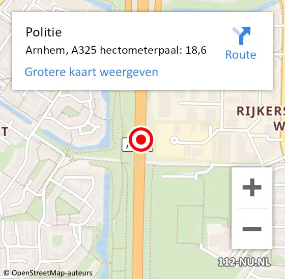 Locatie op kaart van de 112 melding: Politie Overbetuwe, A325 hectometerpaal: 18,6 op 5 oktober 2023 07:58