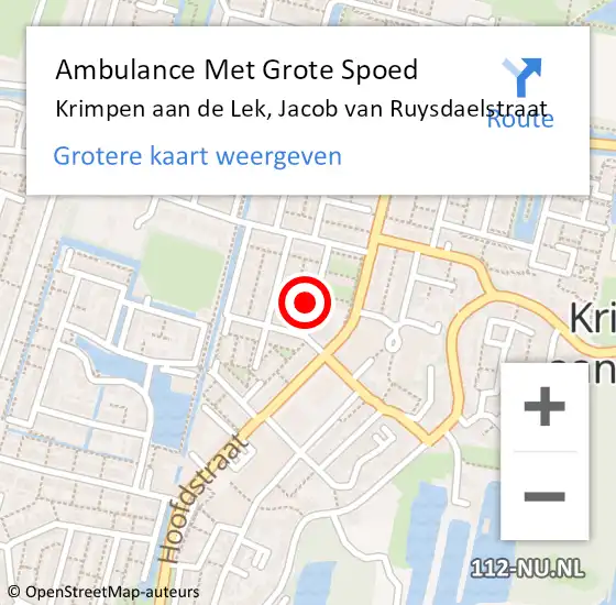 Locatie op kaart van de 112 melding: Ambulance Met Grote Spoed Naar Krimpen aan de Lek, Jacob van Ruysdaelstraat op 5 oktober 2023 08:28