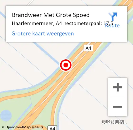 Locatie op kaart van de 112 melding: Brandweer Met Grote Spoed Naar Haarlemmermeer, A4 hectometerpaal: 17,5 op 5 oktober 2023 10:01