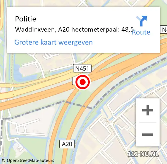 Locatie op kaart van de 112 melding: Politie Waddinxveen, A20 hectometerpaal: 48,5 op 5 oktober 2023 10:17