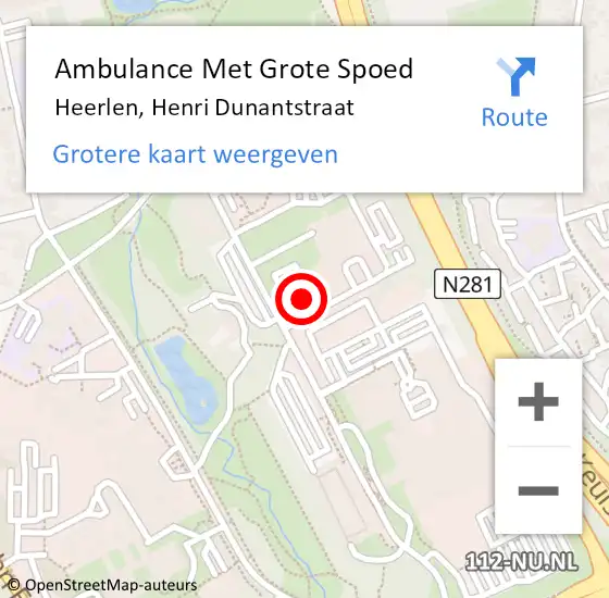 Locatie op kaart van de 112 melding: Ambulance Met Grote Spoed Naar Heerlen, Henri Dunantstraat op 5 oktober 2023 11:32