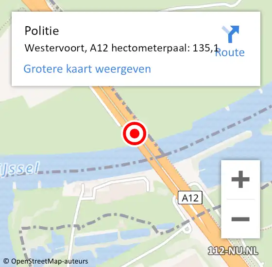 Locatie op kaart van de 112 melding: Politie Westervoort, A12 hectometerpaal: 135,1 op 5 oktober 2023 12:49