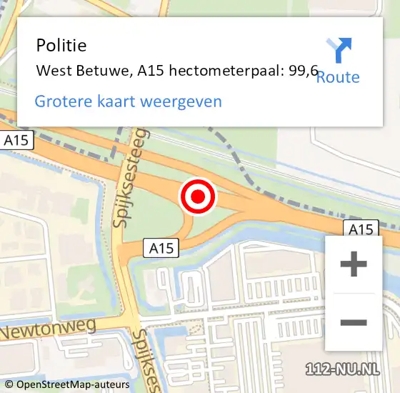 Locatie op kaart van de 112 melding: Politie West Betuwe, A15 hectometerpaal: 99,6 op 5 oktober 2023 13:48