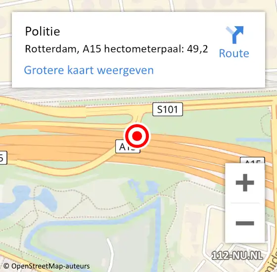 Locatie op kaart van de 112 melding: Politie Rotterdam, A15 hectometerpaal: 49,2 op 5 oktober 2023 14:41