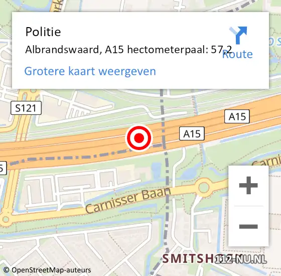 Locatie op kaart van de 112 melding: Politie Albrandswaard, A15 hectometerpaal: 57,2 op 5 oktober 2023 15:18