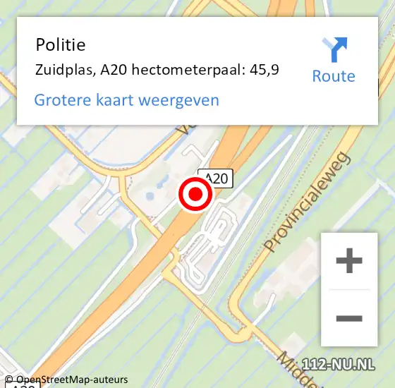 Locatie op kaart van de 112 melding: Politie Zuidplas, A20 hectometerpaal: 45,9 op 5 oktober 2023 16:03