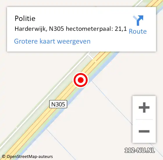 Locatie op kaart van de 112 melding: Politie Harderwijk, N305 hectometerpaal: 21,1 op 5 oktober 2023 16:27