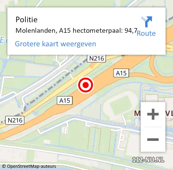 Locatie op kaart van de 112 melding: Politie Molenlanden, A15 hectometerpaal: 94,7 op 5 oktober 2023 16:45